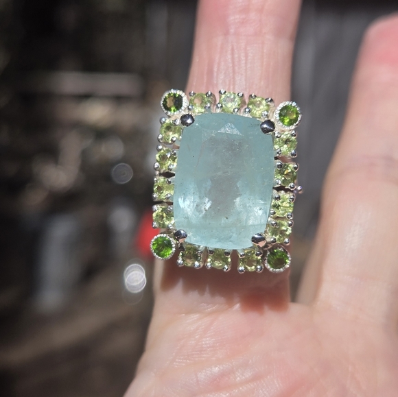 Aquamarine 17k Peridot Chrome Diopside & lolite sterling cocktail ring sz7 - Picture 6 of 11